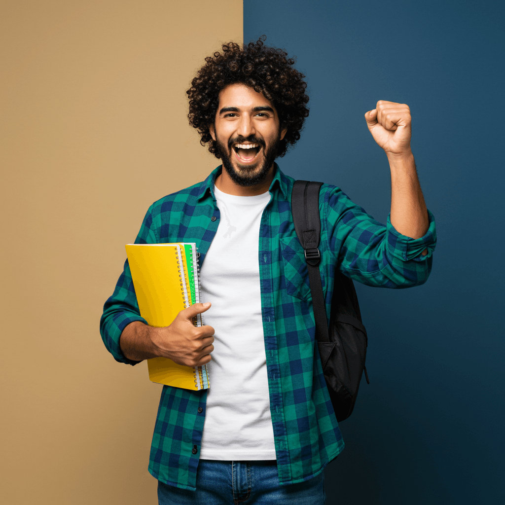 طالب يبتسم يحمل كتبًا